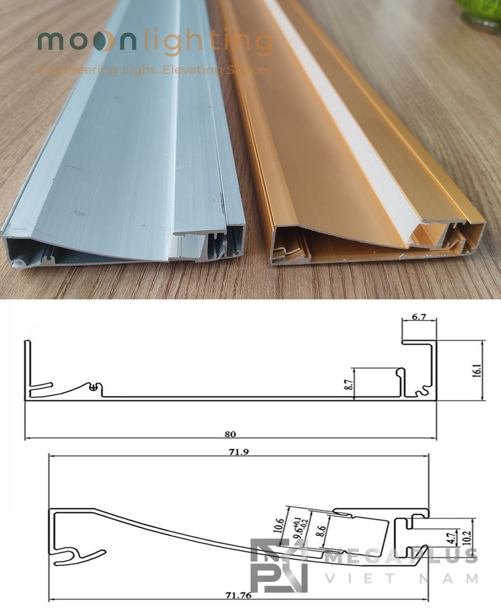 Cận cảnh bề mặt thực tế và thông số mặt cắt profile thanh nhôm MGA-782 Moon Lighting