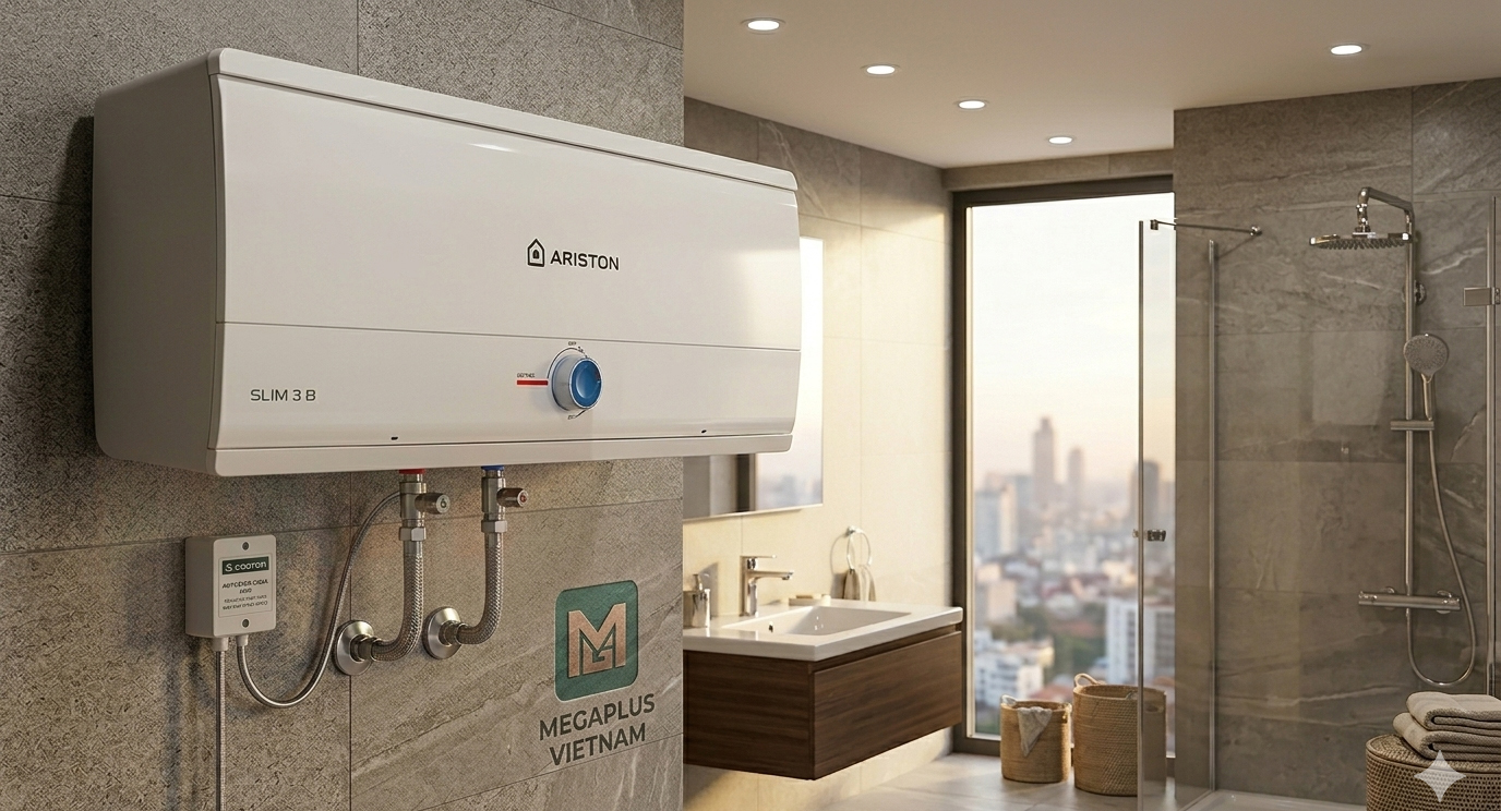 Lắp đặt thực tế Ariston Slim3 B cho không gian nhà tắm chung cư hiện đại