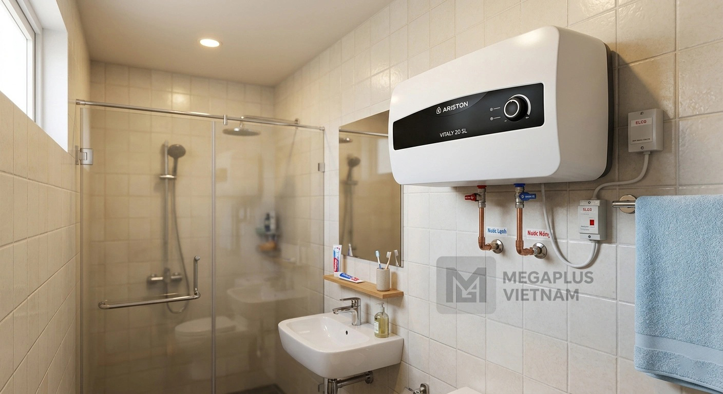 Lắp đặt thực tế bình nóng lạnh Ariston Vitaly 20 lít ngang