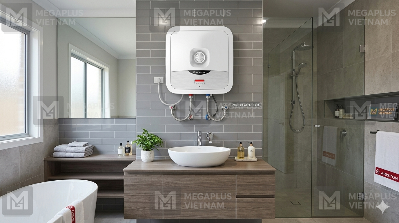 Hình ảnh Bình Nước Nóng Gián Tiếp Ariston ANDRIS 2 B được lắp đặt thực tế trong nhà tắm