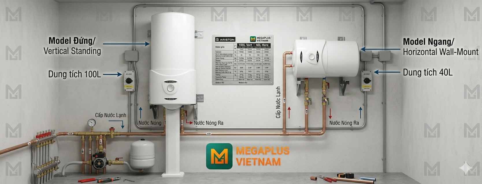 Hệ thống nước nóng trung tâm sử dụng bình Ariston PRO R 100V đứng và 40SH ngang lắp đặt thực tế tại biệt thự