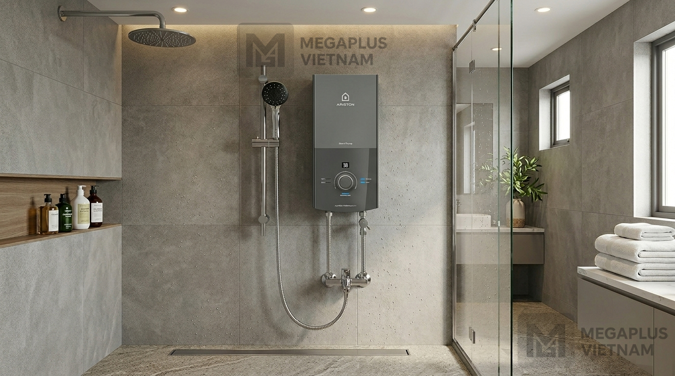 Thực tế lắp đặt máy nước nóng trực tiếp Ariston Aures Premium Plus tại công trình