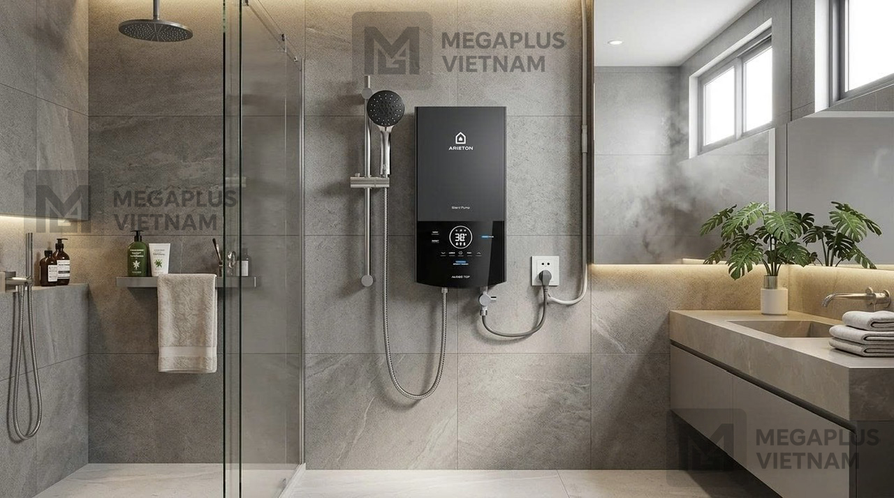 Hình ảnh lắp đặt Bình Nước Nóng Trực Tiếp Ariston Aures Top tại phòng tắm chung cư