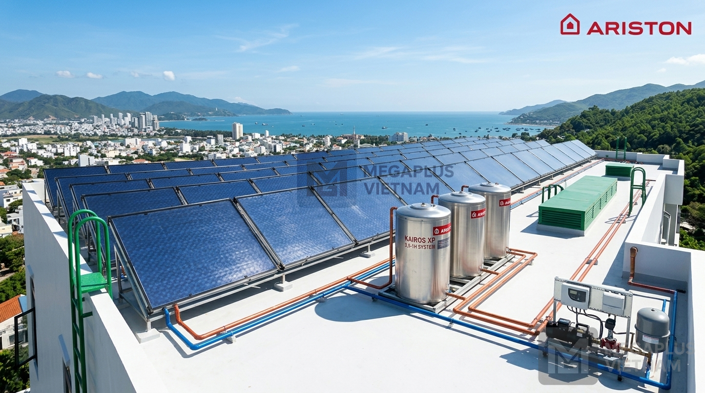 Lắp đặt thực tế tấm thu nhiệt phẳng Ariston cho dự án nước nóng trung tâm tòa nhà
