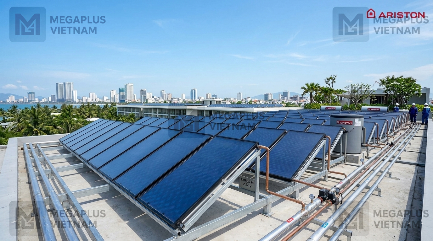 Lắp đặt thực tế tấm thu Ariston Dự án lắp đặt tấm thu mặt trời KAIROS XP 2,5-1V Ariston tại khách sạn Nha Trang