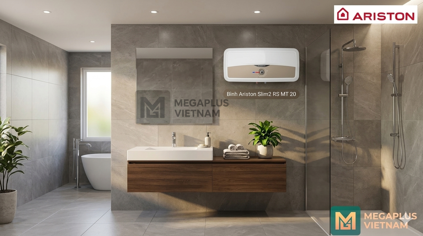 Hình ảnh lắp đặt thực tế Ariston Slim2 RS MT trong phòng tắm căn hộ