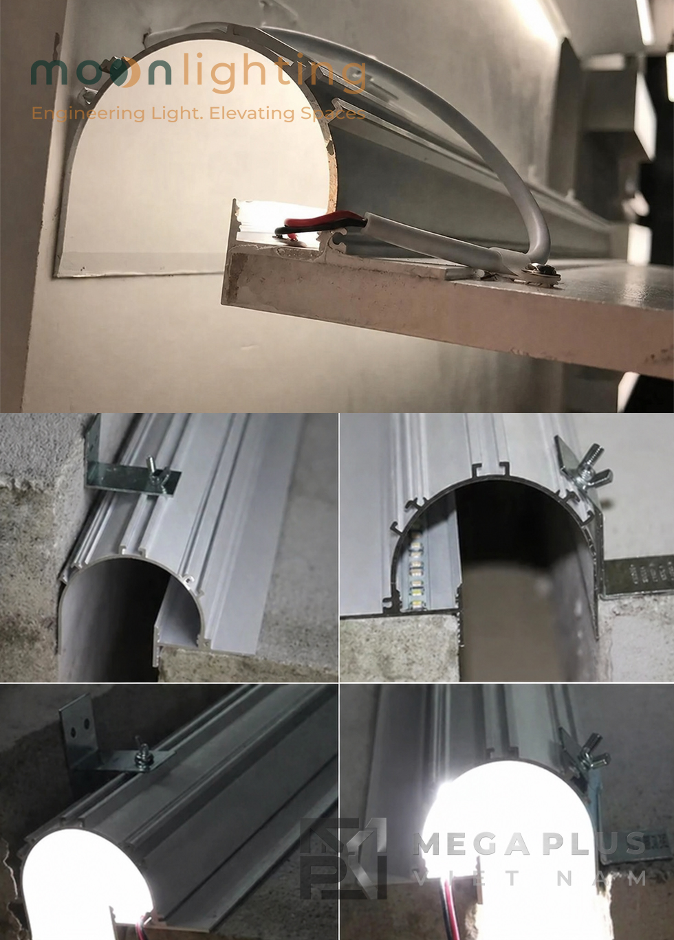Cận cảnh bề mặt nhôm dày 1.2mm thực tế và mặt cắt profile MGA-674 Moon Lighting