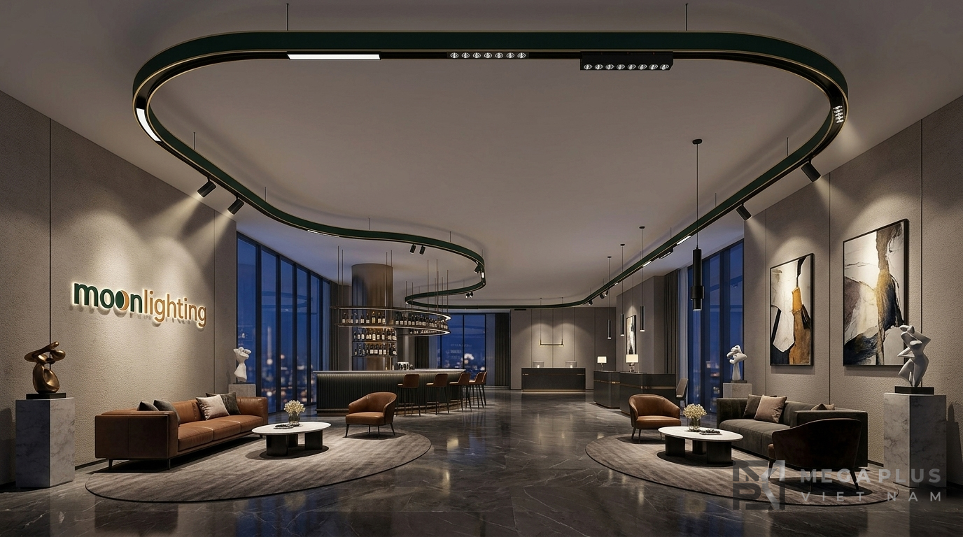 Phối cảnh 3D đại sảnh khách sạn với đường cong R900 chạy dọc