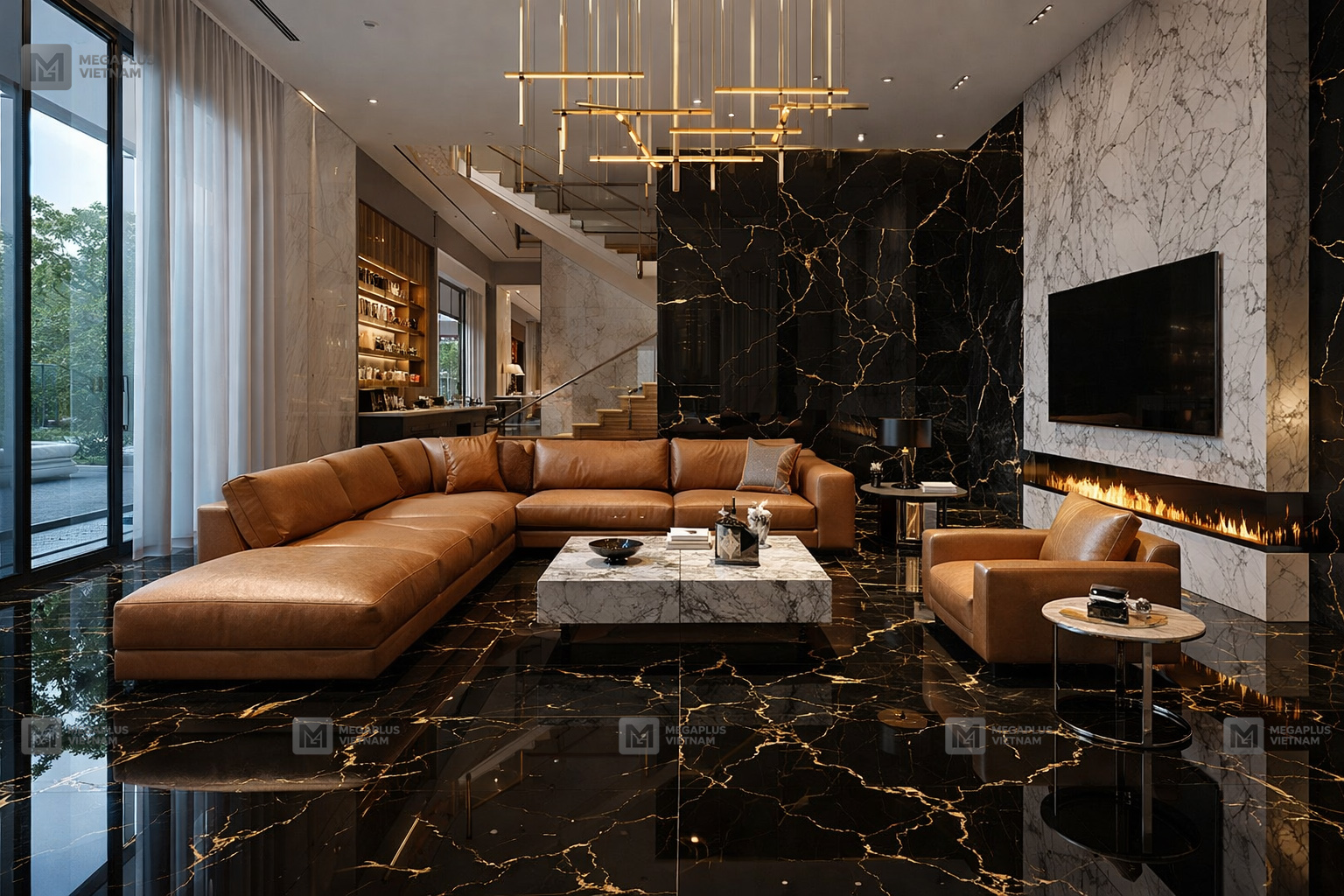 Phối cảnh phòng khách biệt thự sang trọng sử dụng gạch Golden Tile DIG69001 Men Kim Cương