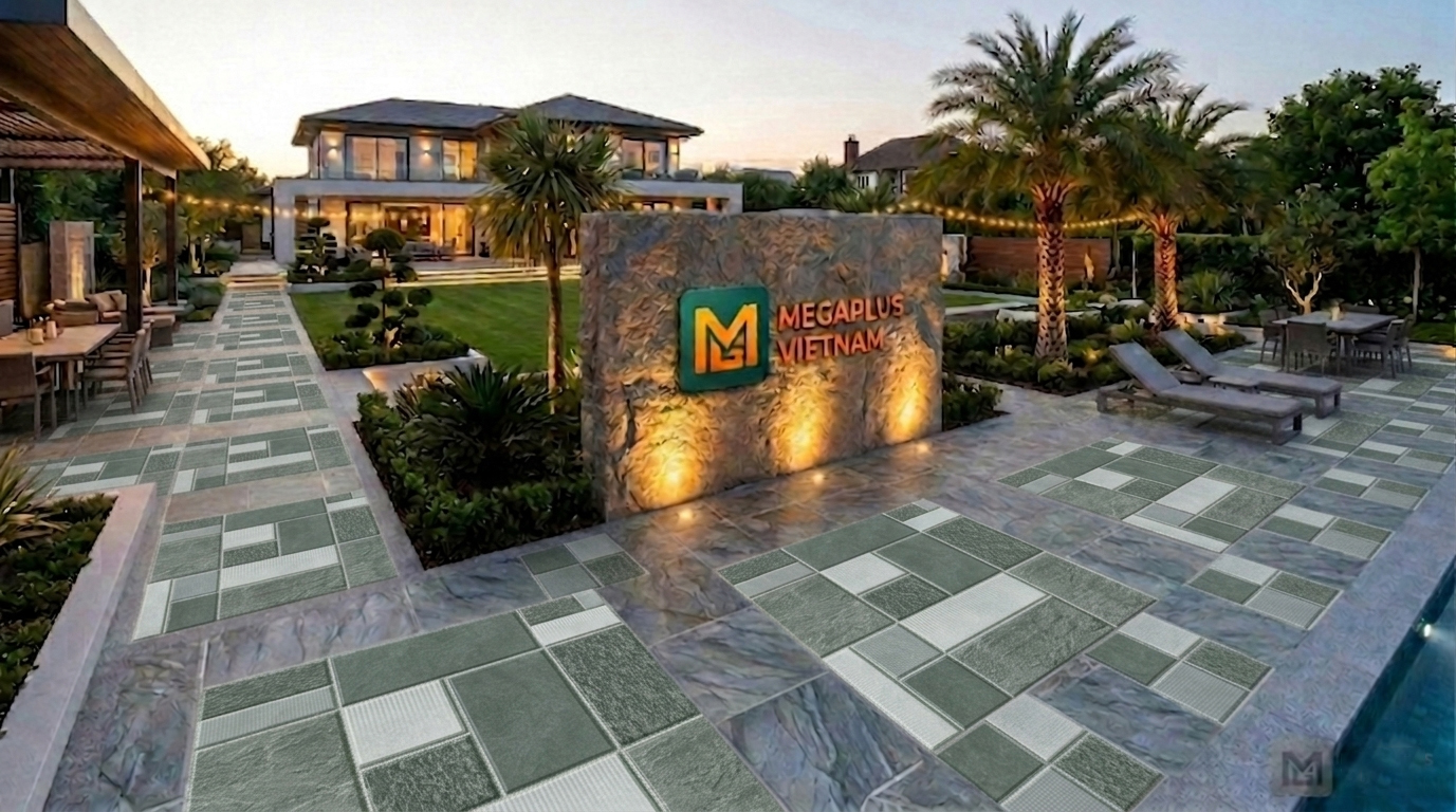 Phối cảnh sân vườn biệt thự cao cấp sử dụng gạch Cerinco CSV6105 phong cách Modern Luxury
