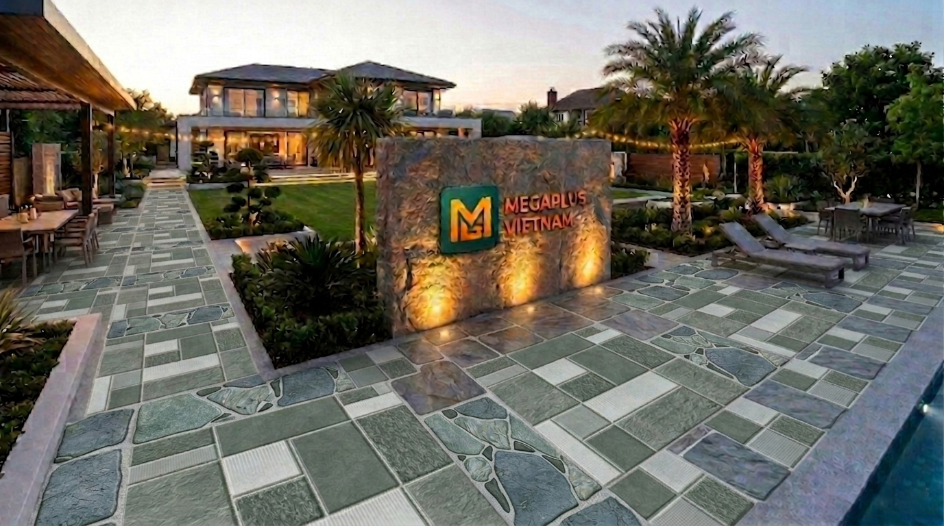 Phối cảnh sân vườn biệt thự cao cấp sử dụng gạch Mikado MSV6002 phong cách Modern Luxury