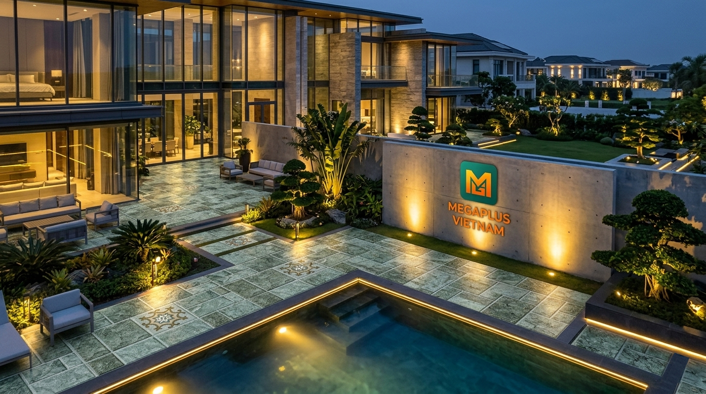 Phối cảnh sân vườn biệt thự cao cấp sử dụng gạch Mikado MSV6003 phong cách Modern Luxury