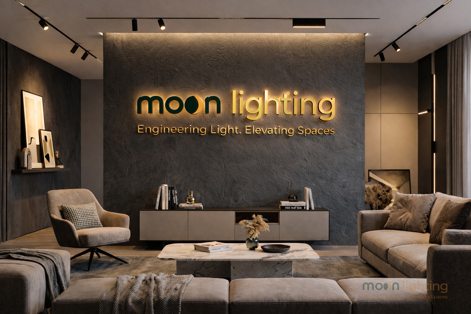 Phối cảnh chiếu sáng nội thất biệt thự sang trọng với đèn ray nam châm Moon Lighting