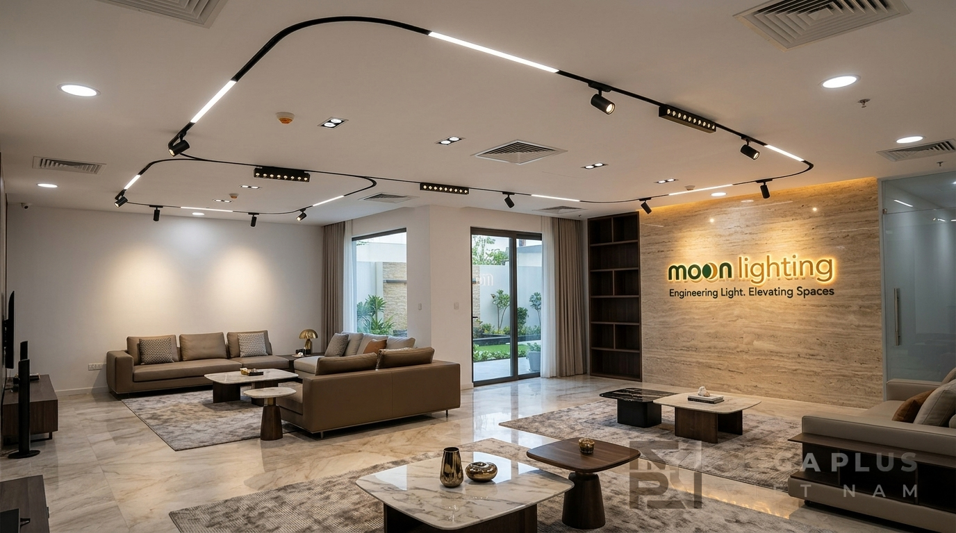 Phối cảnh chiếu sáng nội thất cao cấp với góc cong Moon Lighting