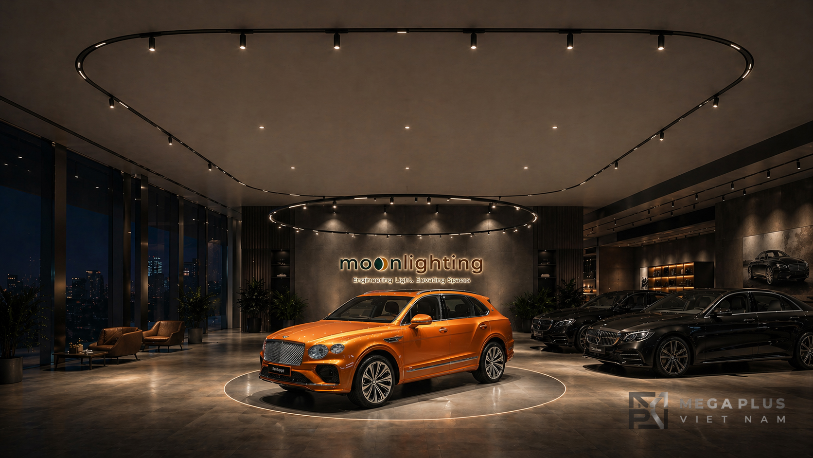 Phối cảnh lắp đặt đèn thanh ray nam châm âm trần D2000mm tại showroom ô tô hạng sang kiến trúc 2026