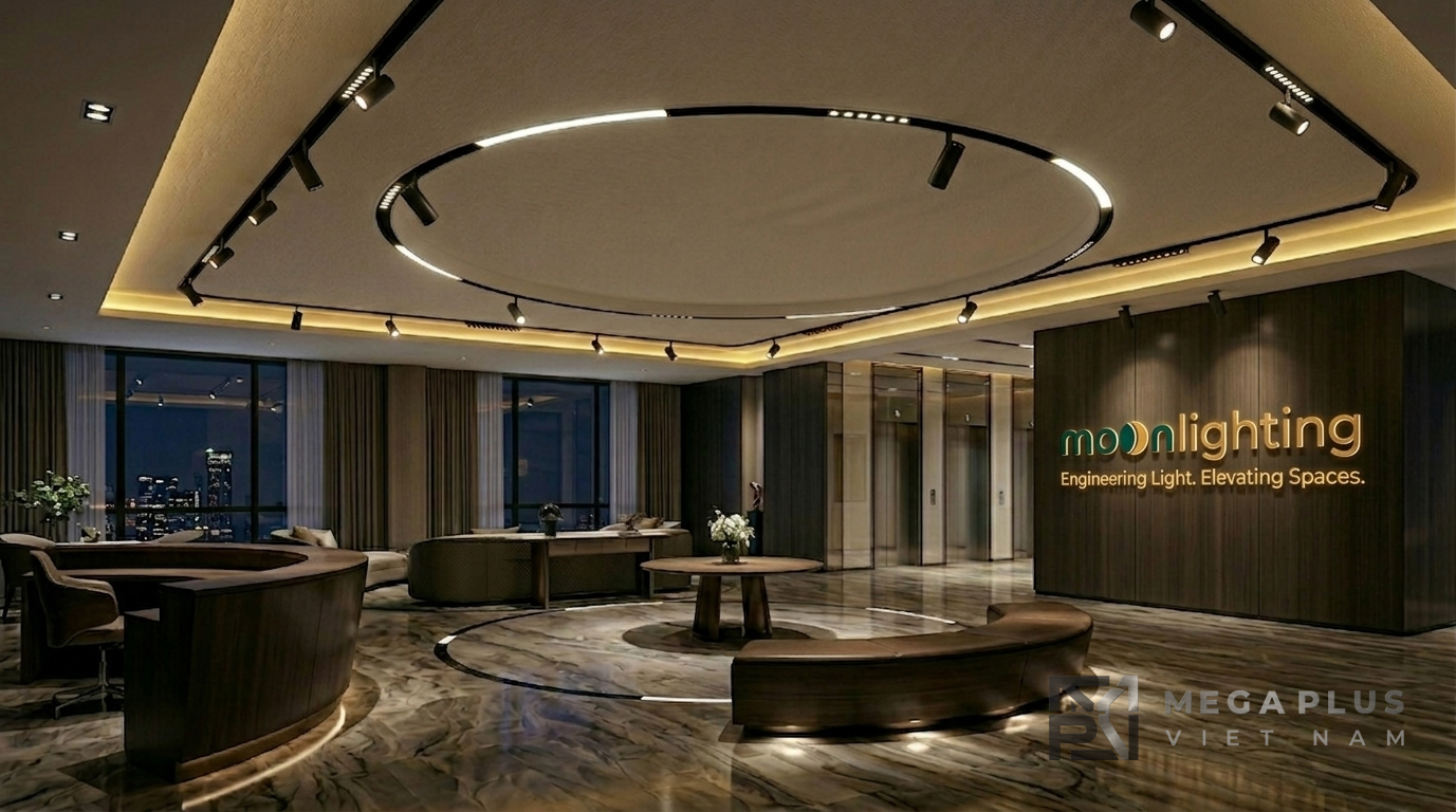 Phối cảnh lắp đặt đèn thanh ray nam châm âm trần D2400mm tại đại sảnh Resort cao cấp 2026
