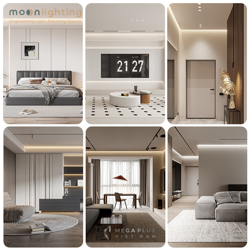 Phối cảnh giải pháp chiếu sáng không đèn chính 2026 với thanh nhôm hắt trần siêu mảnh MGA-823 Moon Lighting cho Penthouse