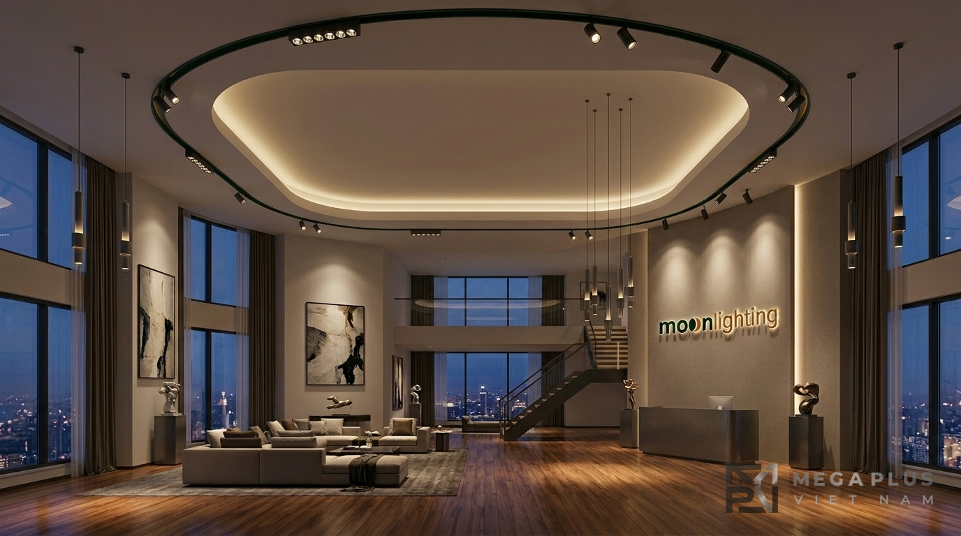 Phối cảnh Penthouse thông tầng với chiều cao trần lớn, thấy rõ hệ ray ôm trọn vòm trần