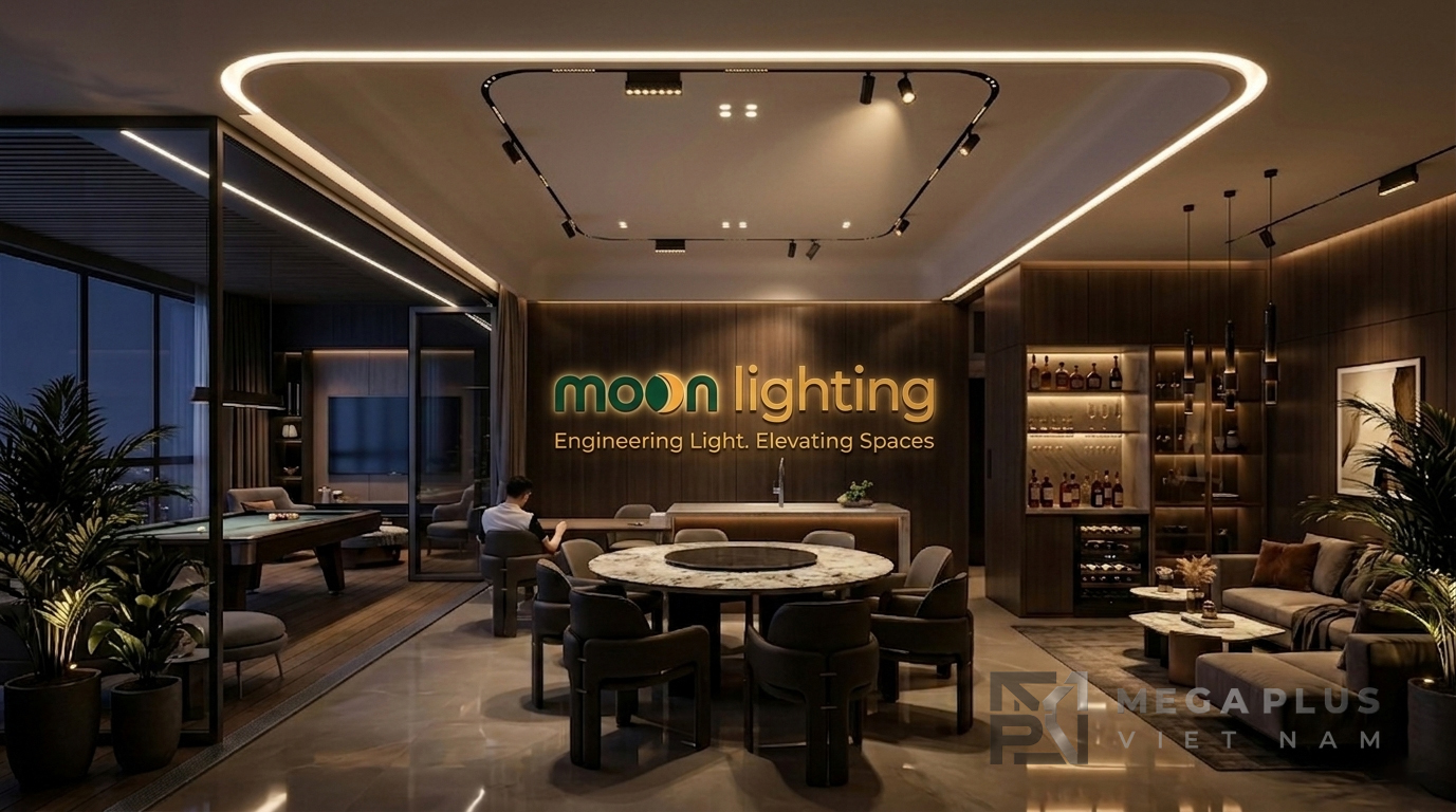 Phối cảnh phòng khách Penhosue sử dụng Hệ Ray Nam Châm Góc Cong R500