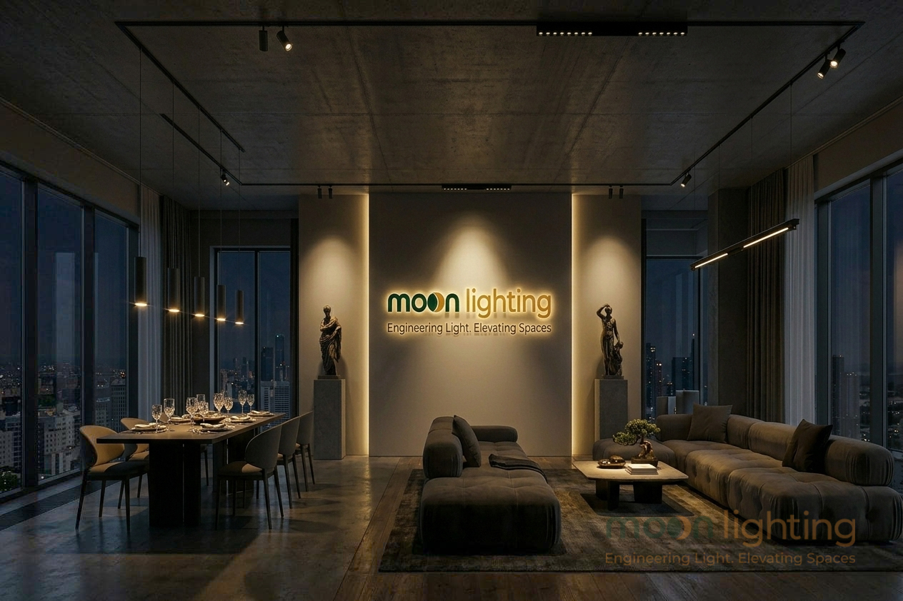 Phối cảnh Thanh Ray Nam Châm Lắp Nổi - Treo Thả MG-R20M530 lắp treo thả cho penthouse trần bê tông