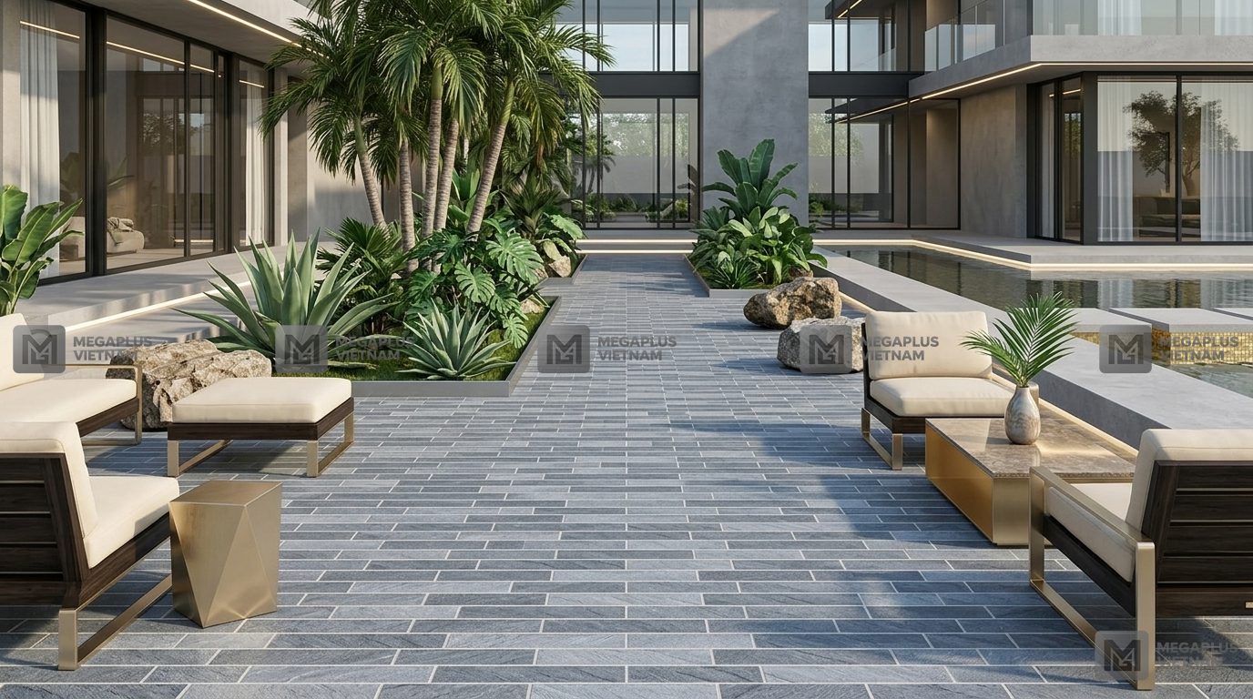 Phối cảnh thực tế gạch Ceramic Cerinco CK25353 lát sân vườn biệt thự sang trọng