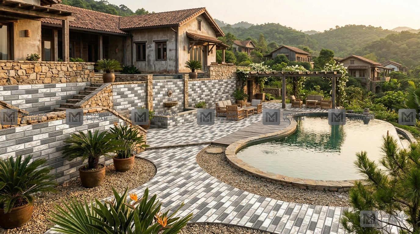 Gạch Ceramic Mikado MK4031 lát sân vườn Villa phong cách mộc mạc