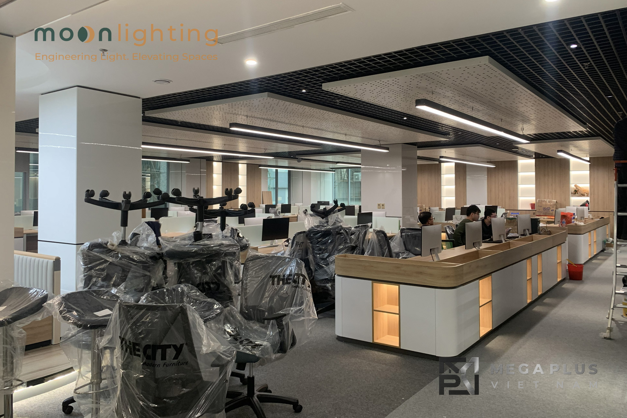 Phối cảnh kiến trúc luxury sử dụng thanh nhôm LED treo thả MGA-BG21 bản lớn 100mm Moon Lighting