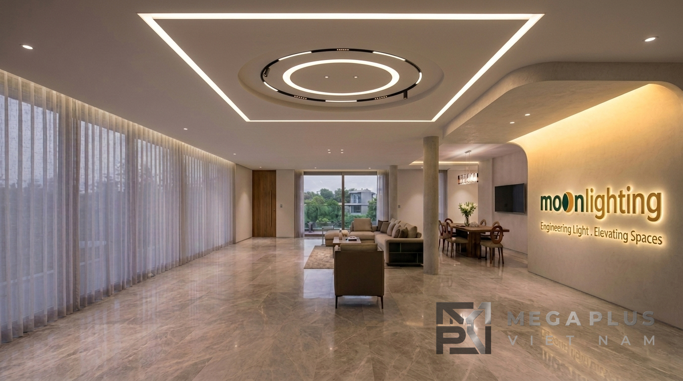 Phối cảnh ánh sáng hắt cổ trần nghệ thuật sử dụng thanh nhôm Profile MGA-674 Moon Lighting cho biệt thự
