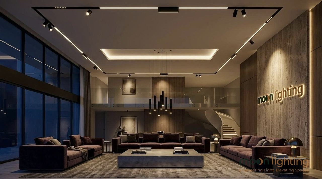 Phối cảnh sử dụng đèn ray nam châm âm trần 2 line light MG-R20B06 trong nội thất biệt thự