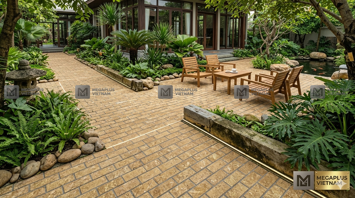 Phối cảnh sân vườn biệt thự lát Gạch Cerinco CK25351 mộc mạc sang trọng