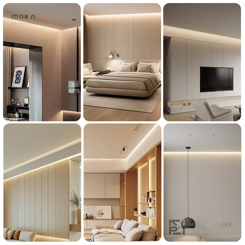Phối cảnh ánh sáng trần bay hiện đại sử dụng thanh nhôm cổ trần MGA-480 Moon Lighting cho biệt thự