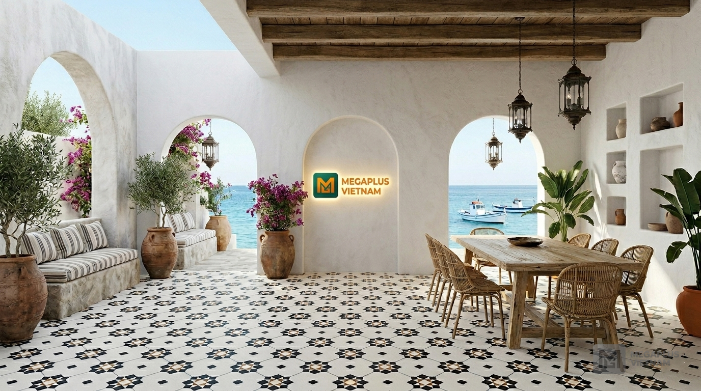 Phối cảnh nội thất Indochine sử dụng gạch bông Cerinco CGB4001