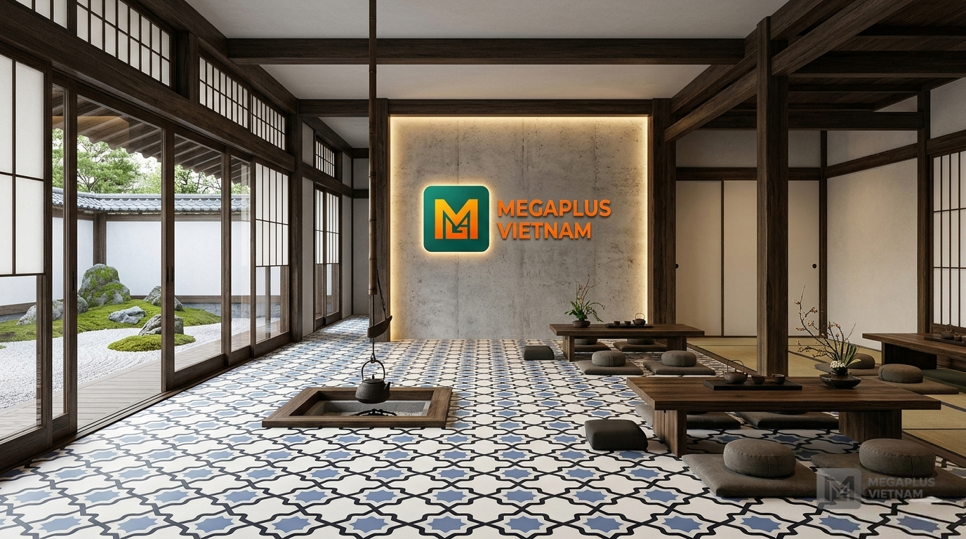 Phối cảnh nội thất Indochine sử dụng gạch bông Cerinco CGB4002