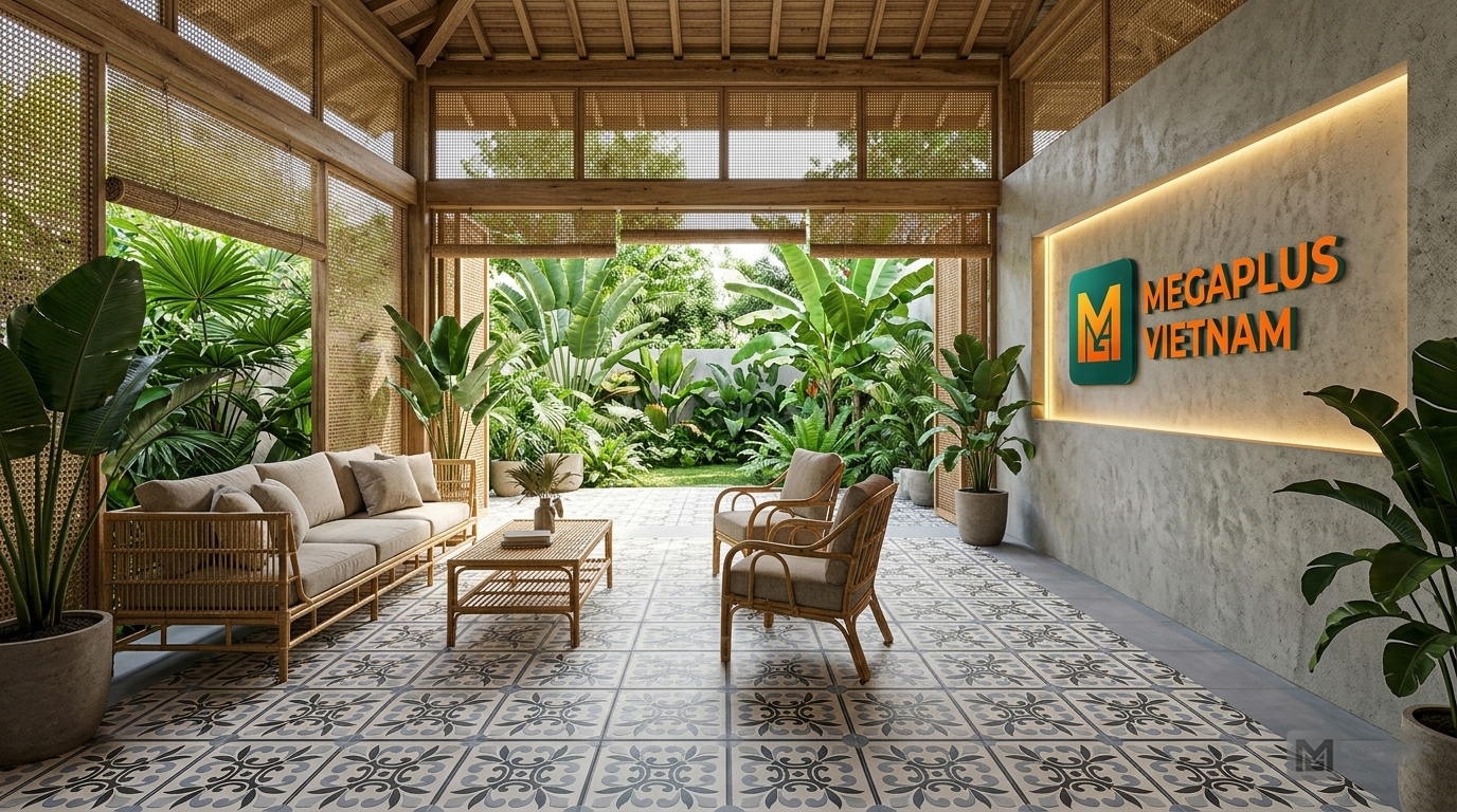 Phối cảnh nội thất Indochine sử dụng gạch bông Cerinco CGB4003