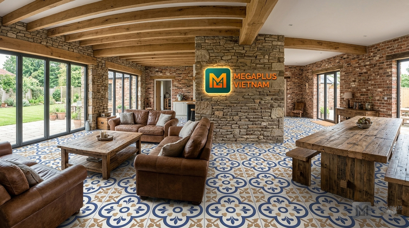 Phối cảnh nội thất Indochine sử dụng gạch bông Cerinco CGB4006