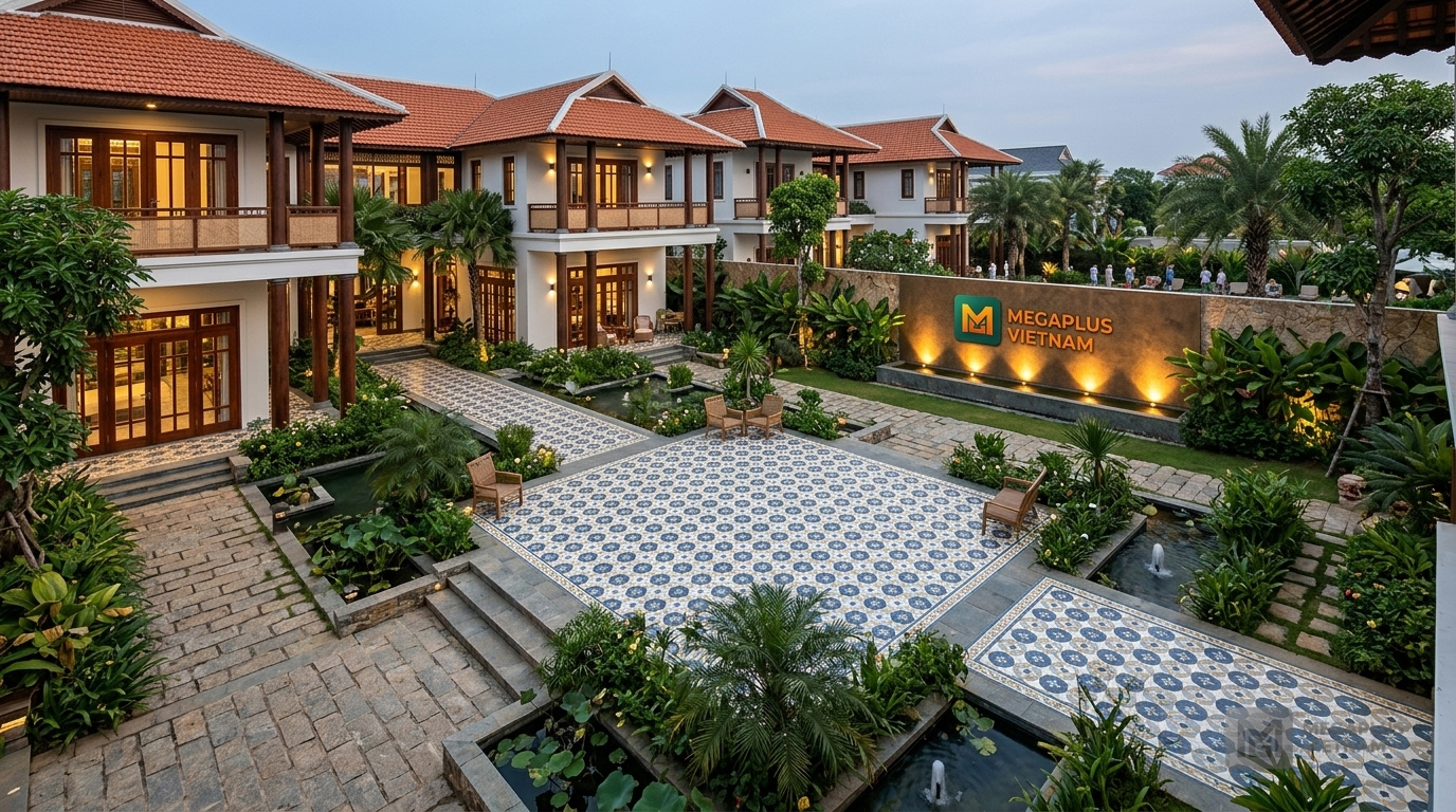 Phối cảnh nội thất Indochine sử dụng gạch bông Mikado MGB4002