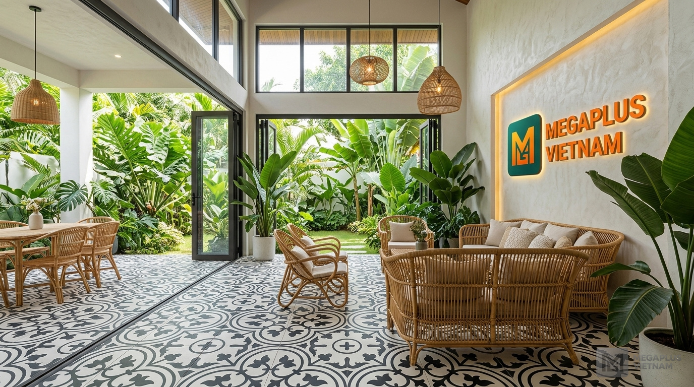 Phối cảnh nội thất Indochine sử dụng gạch bông Mikado MGB4006