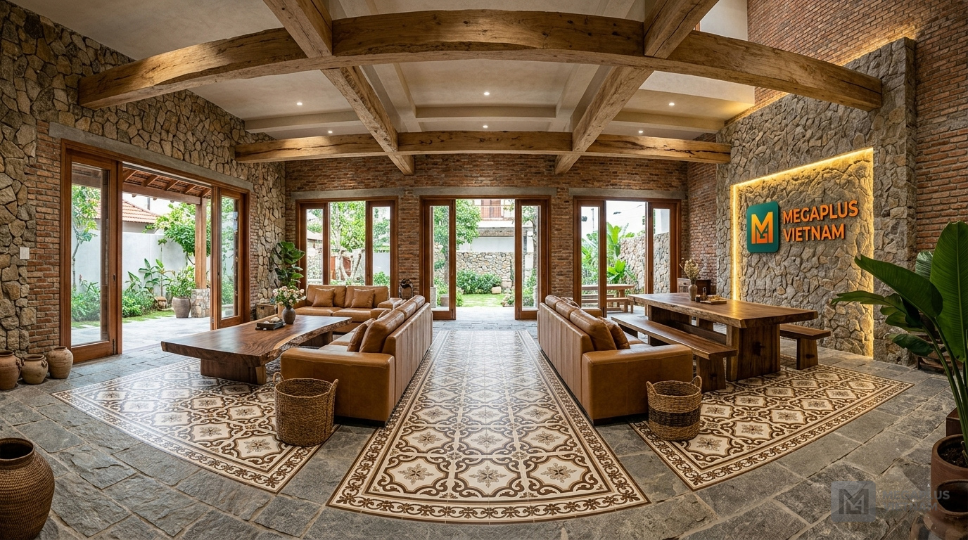 Phối cảnh nội thất Indochine sử dụng gạch bông Videcor VGB4001