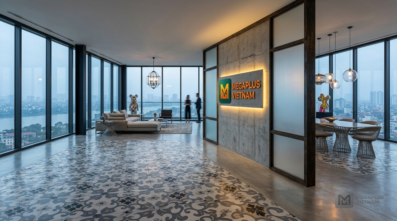 Phối cảnh nội thất Indochine sử dụng gạch bông Videcor VGB4002