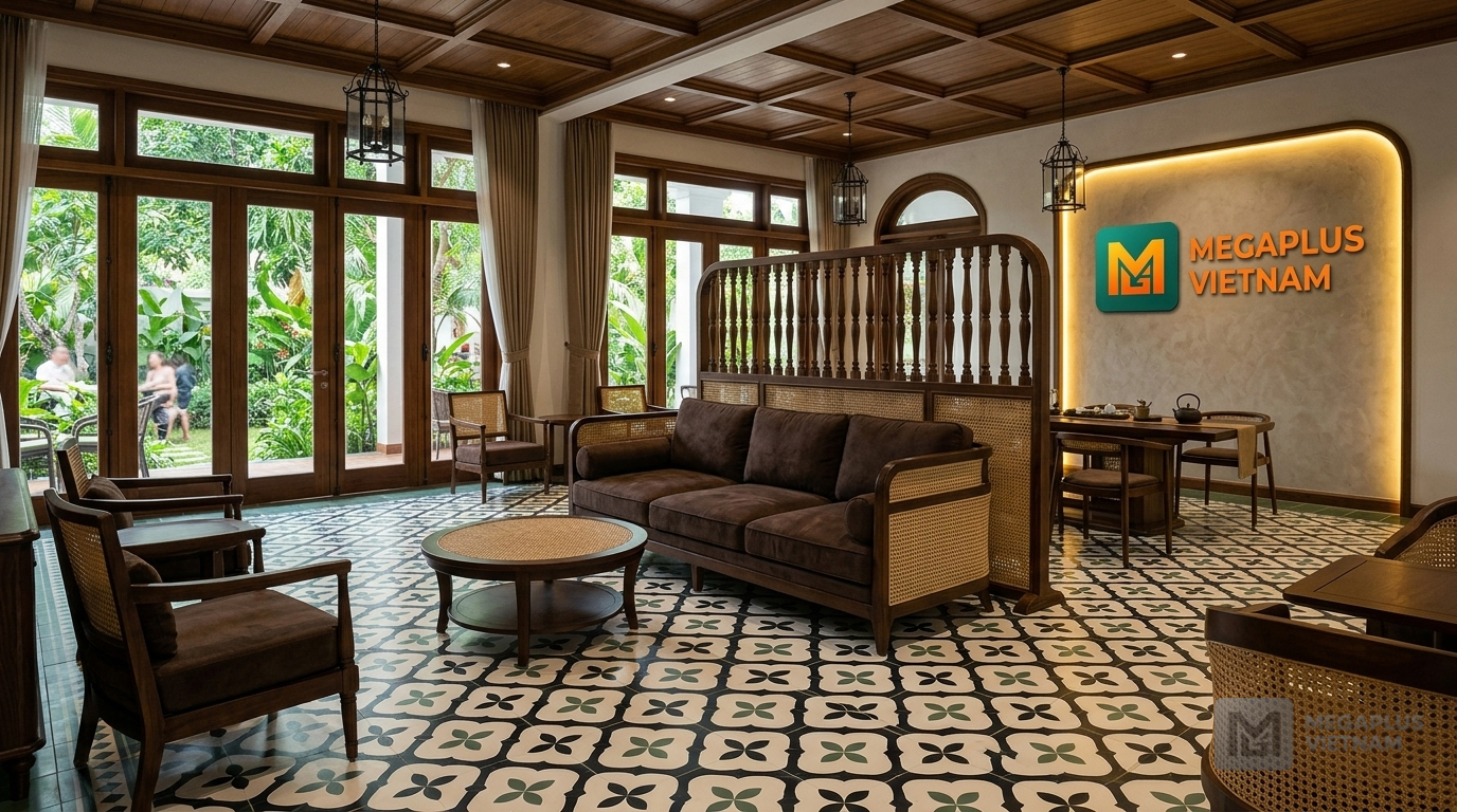 Phối cảnh nội thất Indochine sử dụng gạch bông Videcor VGB4003