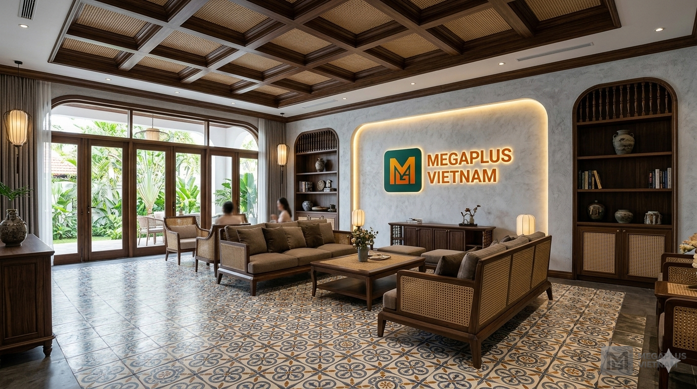 Phối cảnh nội thất Indochine sử dụng gạch bông Videcor VGB4005