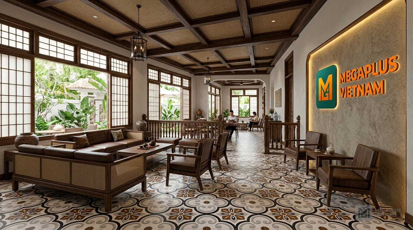 Phối cảnh nội thất Indochine sử dụng gạch bông Videcor VGB4007