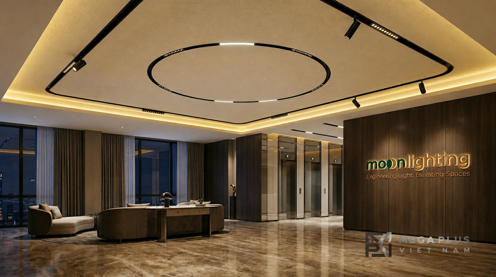 Phối cảnh hệ thống chiếu sáng vòng tròn ray nam châm D1000mm âm trần sảnh chờ thang máy khách sạn sang trọng