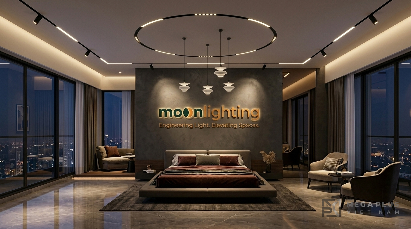 Thiết kế chiếu sáng phòng ngủ Master hiện đại với hệ ray nam châm vòng tròn Moon Lighting