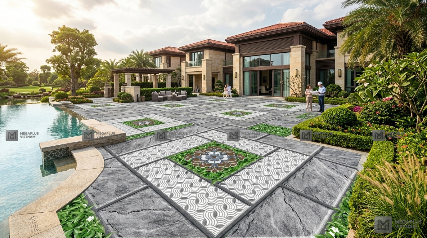 Thi công thực tế gạch Cerinco CV5612 tại sân vườn biệt thự cao cấp