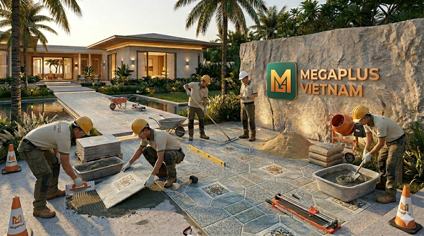 Thi công thực tế gạch sân vườn 600x600 Mikado tại Resort