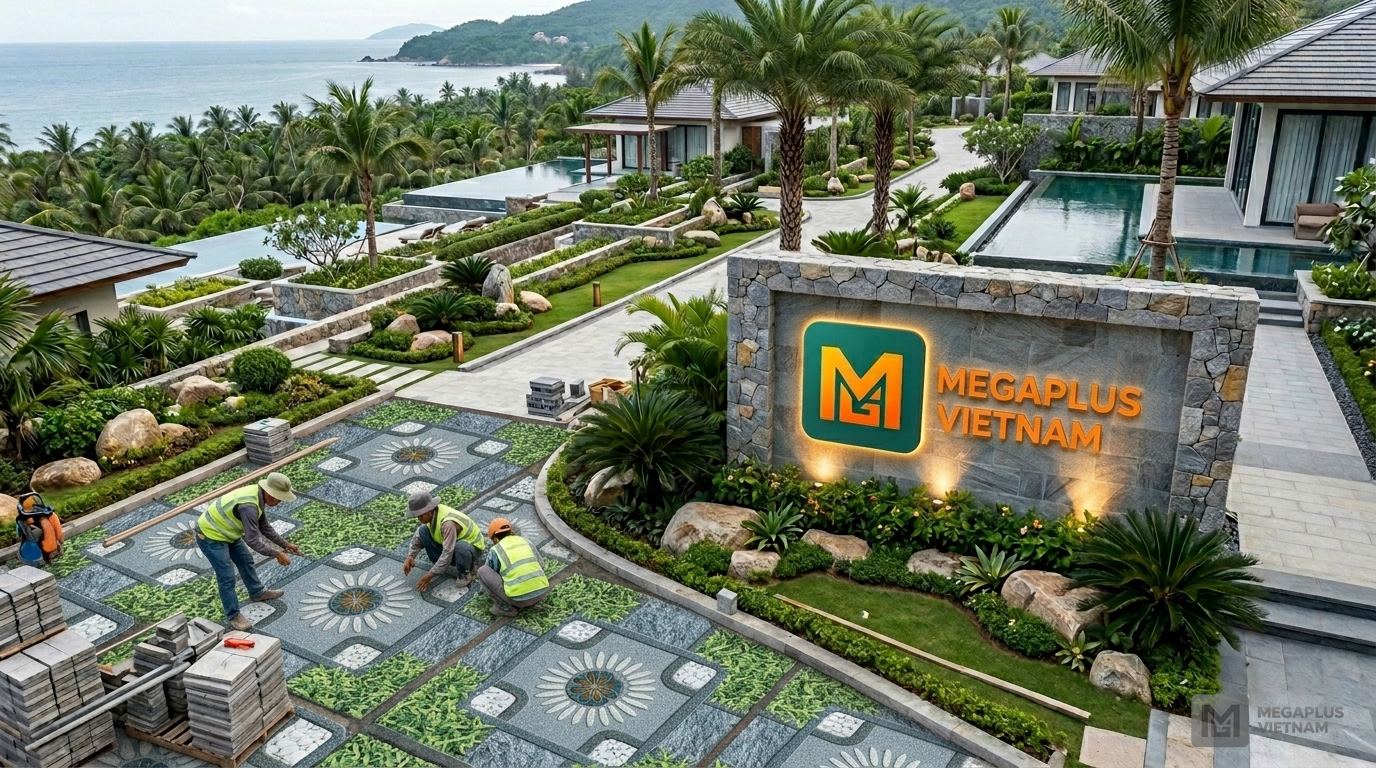 Thi công thực tế gạch sân vườn 600x600 Mikado tại Resort