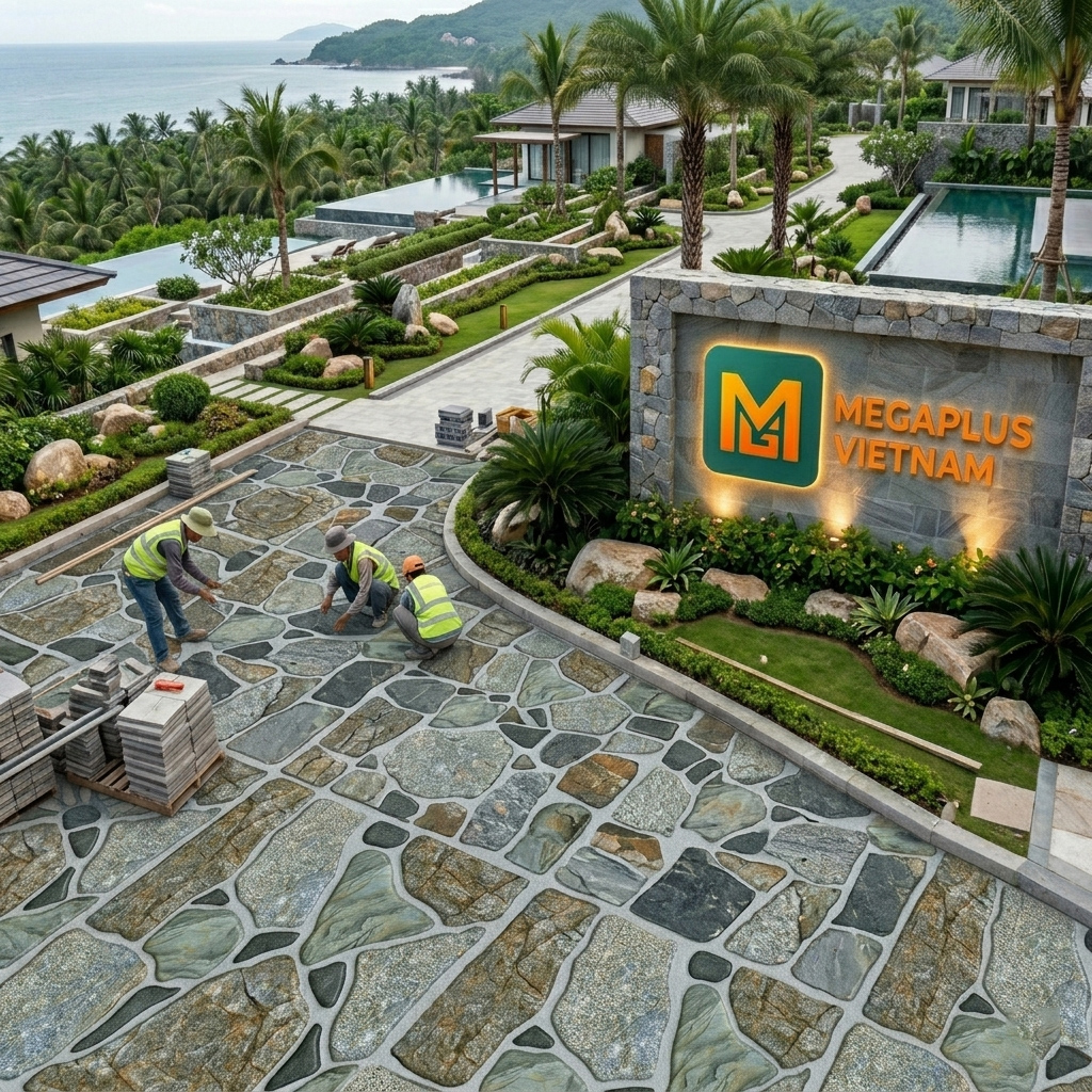 Thi công thực tế gạch sân vườn 600x600 Mikado tại Resort