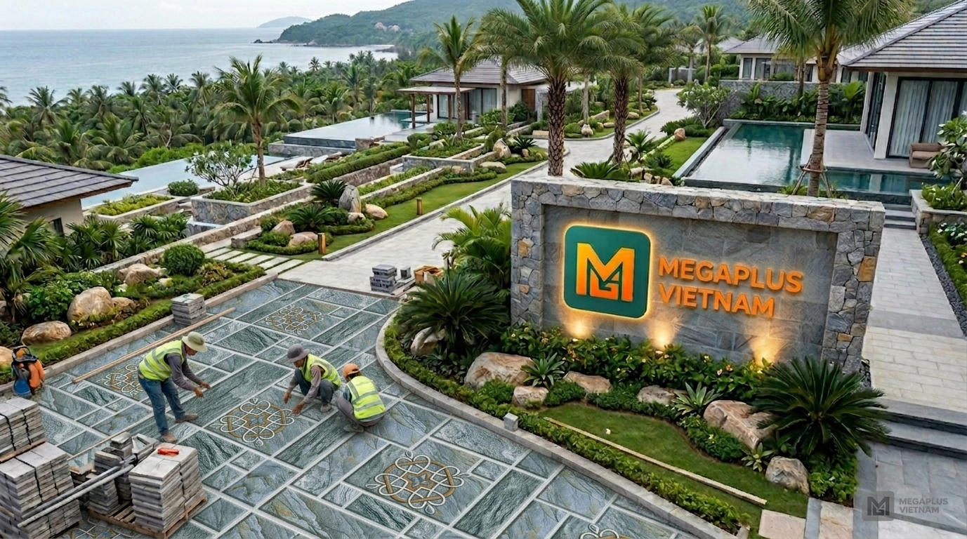 Thi công thực tế gạch sân vườn 600x600 Mikado CSV6104 tại Resort