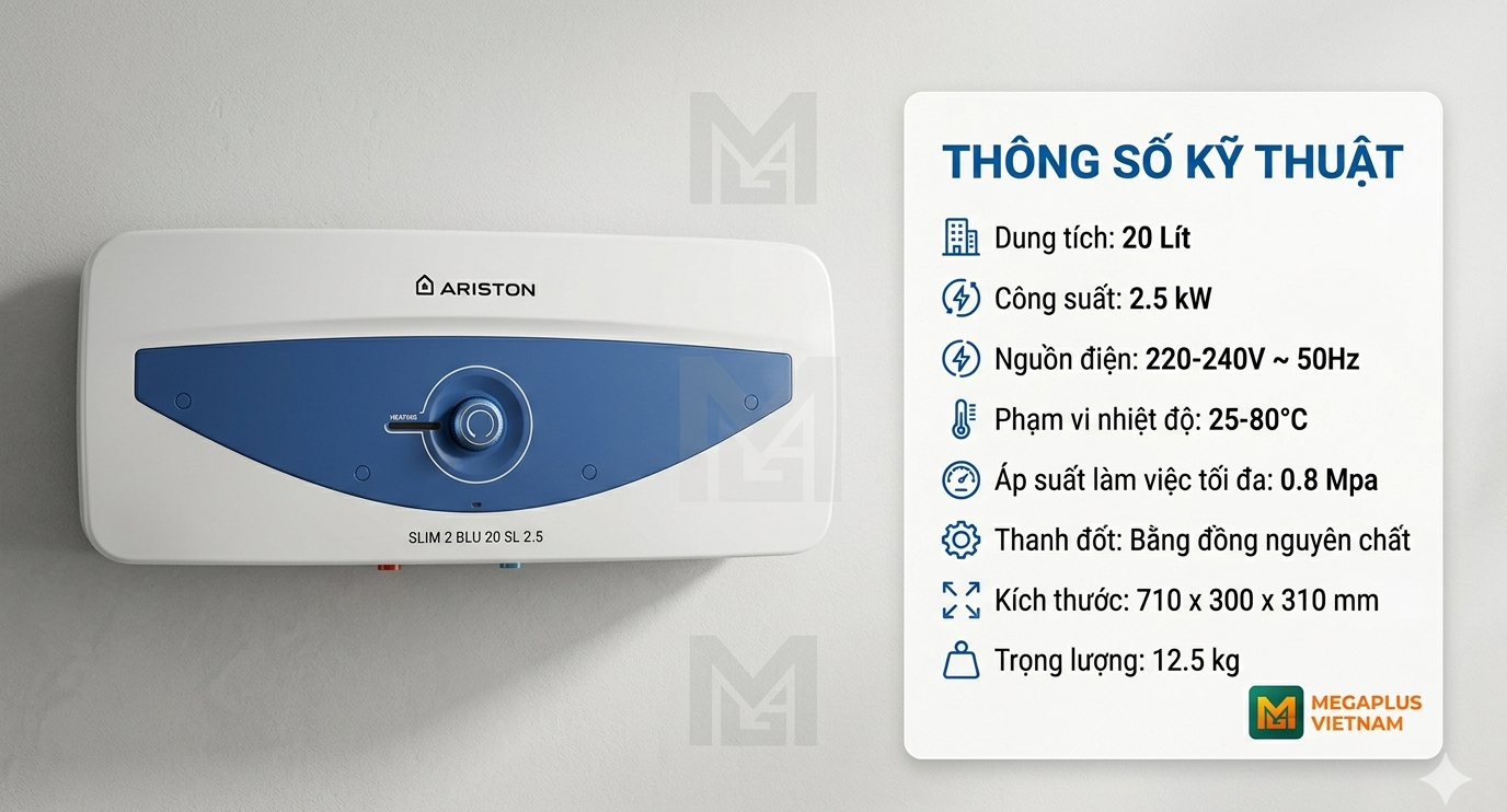 Bản vẽ kỹ thuật và kích thước Ariston Slim2 BLU 20 SL 2.5